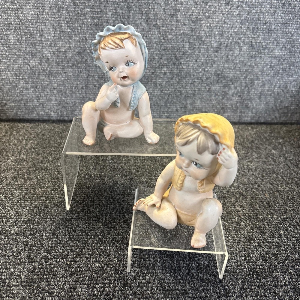 Vtg~Pair Of Bisque Porcelain~Piano Babies Figurines~Cake Topper/Baby Shower Deco
